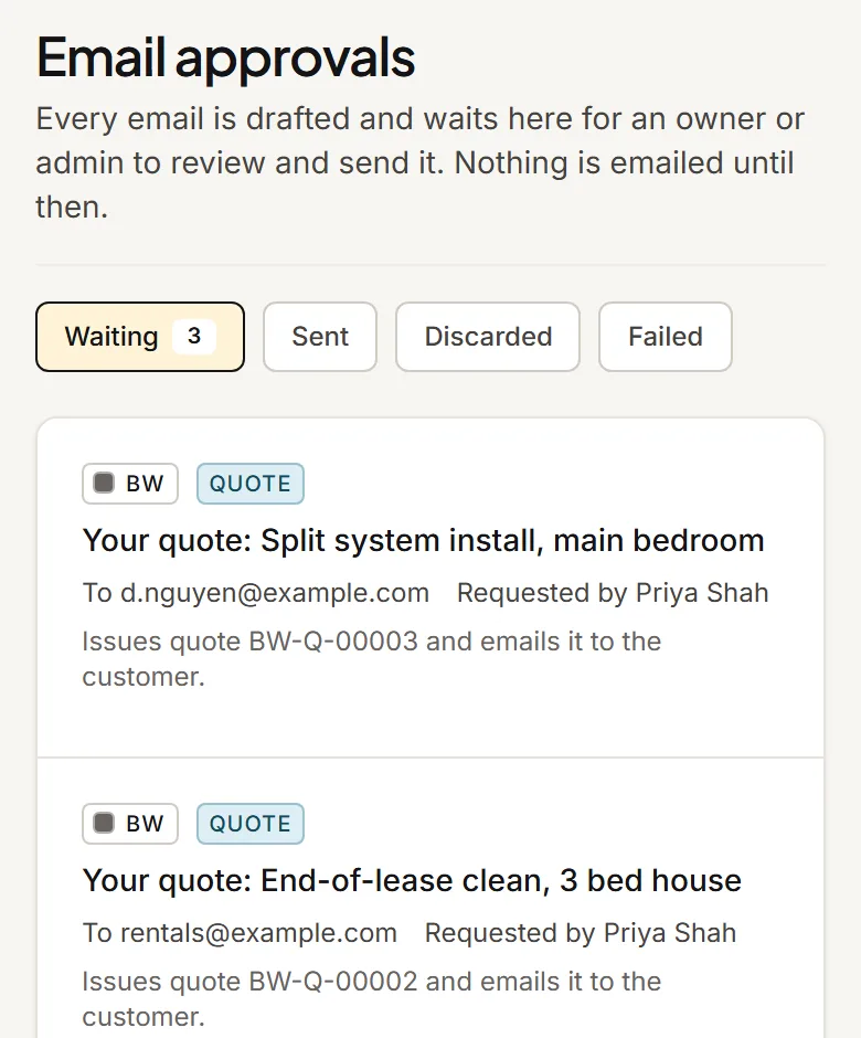 The Email approvals list in 25Manage with quote emails to customers waiting for an owner to review them before they go.