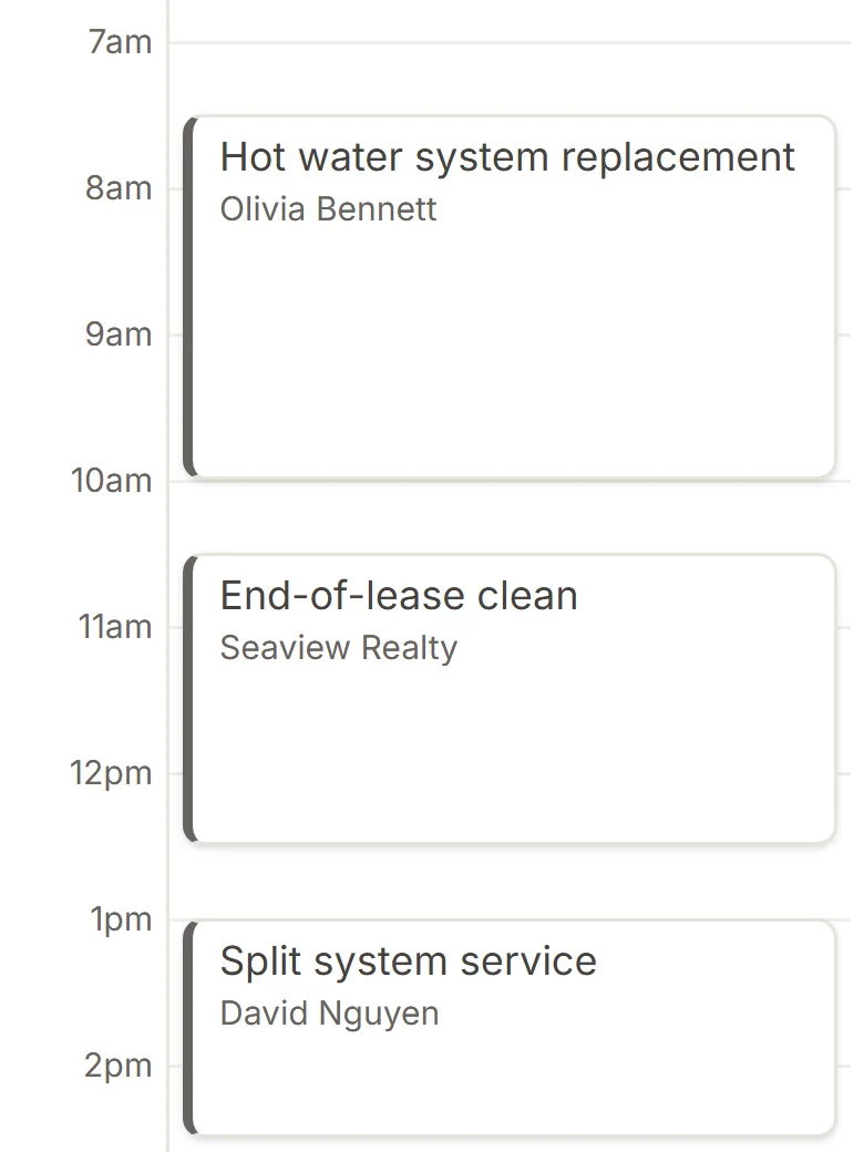 A technician's day on a phone, hour by hour: a hot water system replacement, an end-of-lease clean and a split system service, each with the customer's name.