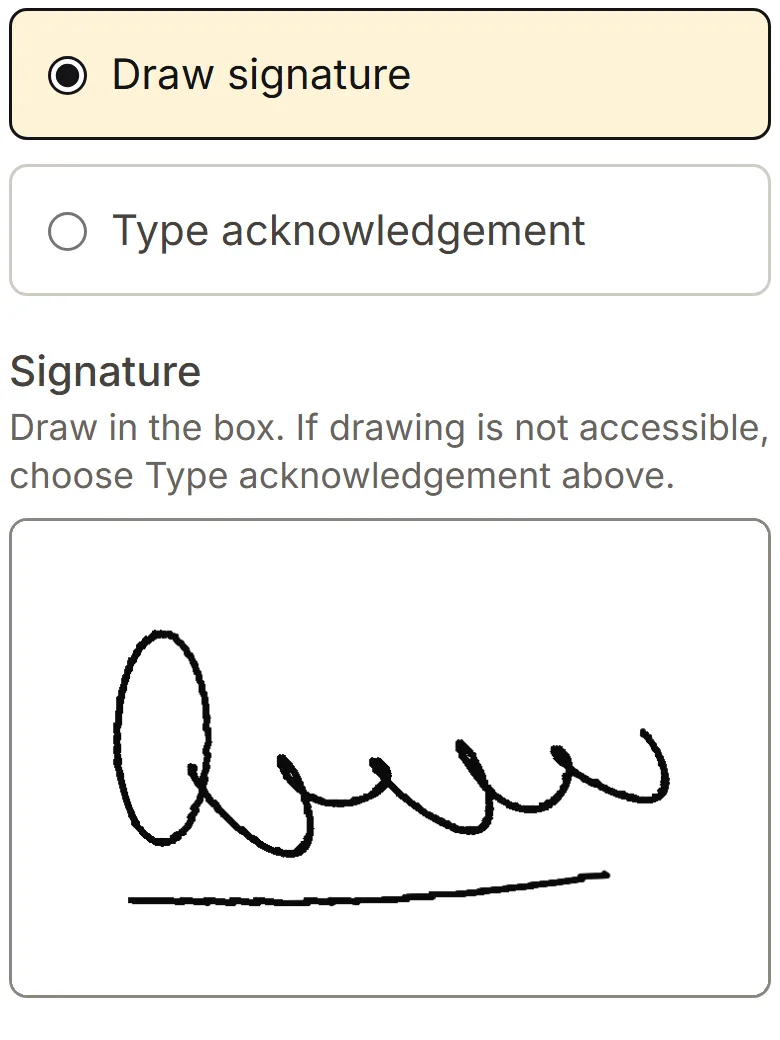 Customer sign-off on a phone: the choice to draw a signature, and a signature drawn in the box.