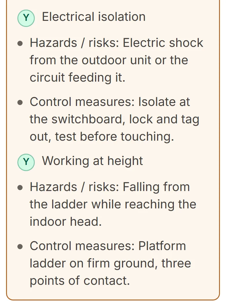 Part of a SWMS on a phone: the hazards and control measures for electrical isolation and for working at height.